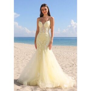 NWT Amelia Couture Yellow Mermaid Prom Dress Lace Sequin Corset Formal Gown Sz 0